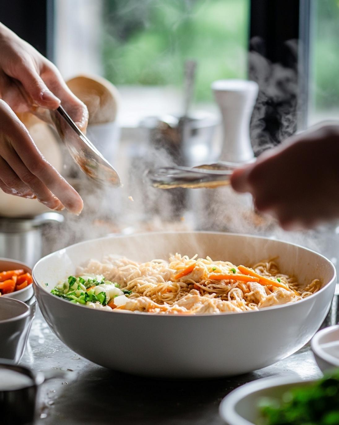A colorful array of fresh ingredients for Easy Chicken Lo Mein with Crispy Vegetables, including chicken breast, various crisp vegetables like bell peppers and broccoli, lo mein noodles, and a selection of sauces.